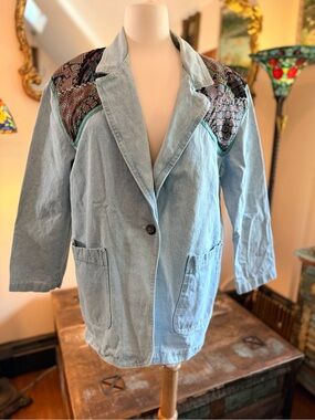 Awesome Vintage Light Wash Denim Jacket with Crazy Quilt Appliqué